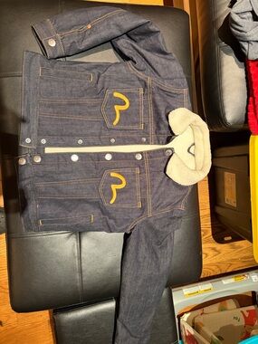 Kids Evisu Dark Denim Jacket with Cream Sherpa Lining and Yellow Logo Sz 8